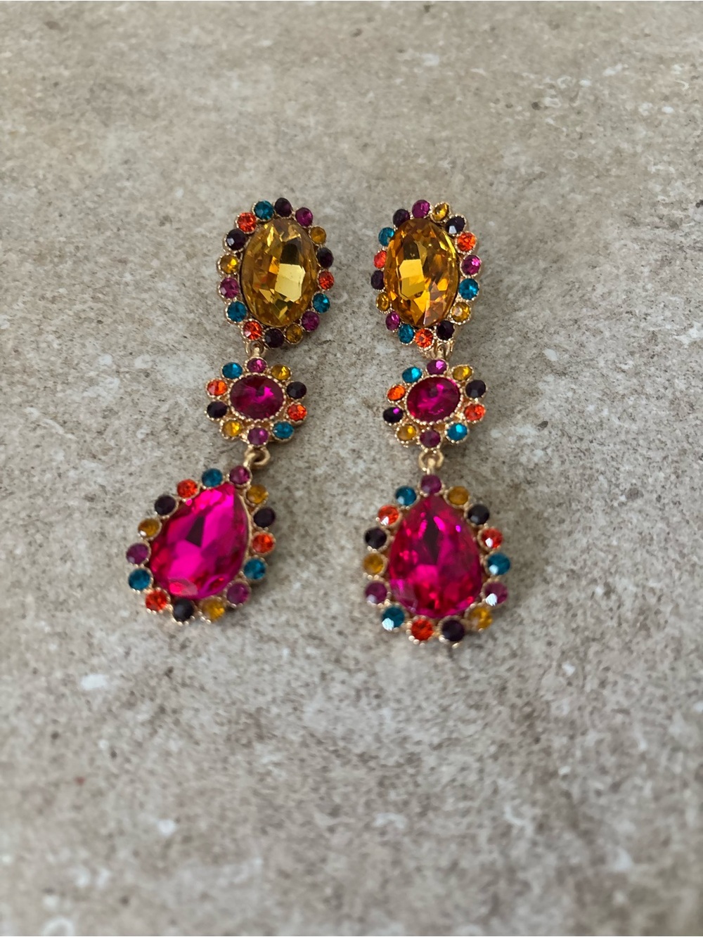 Gold-Tone Multicolor Bold Crystal Drop Earrings - Pink & Yellow